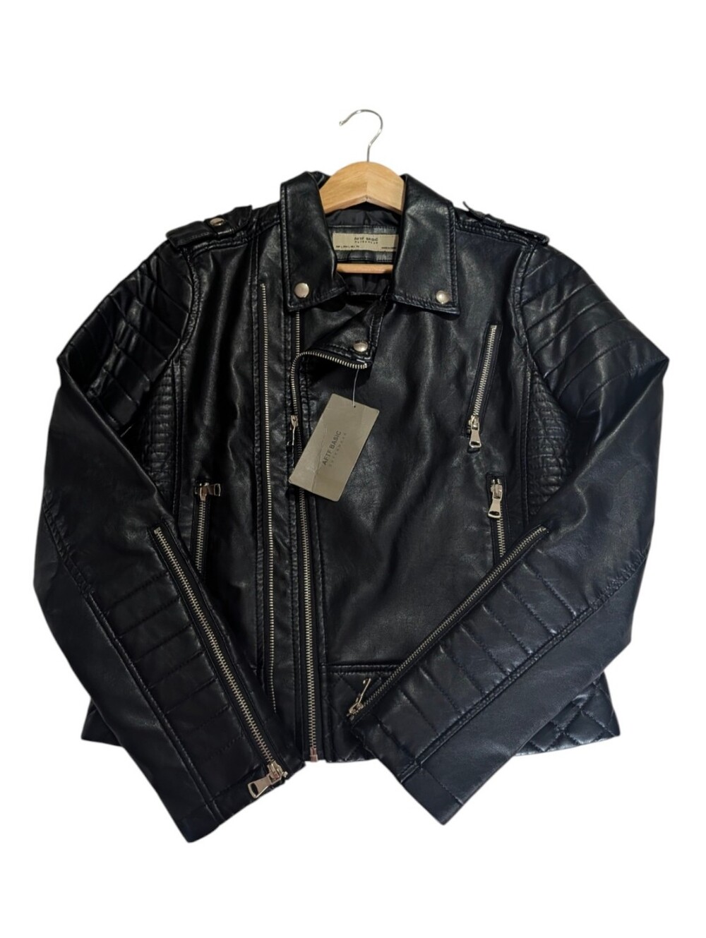 AFTF Basic Outerwear Black Quilted Faux Leather Biker Jacket Size Large